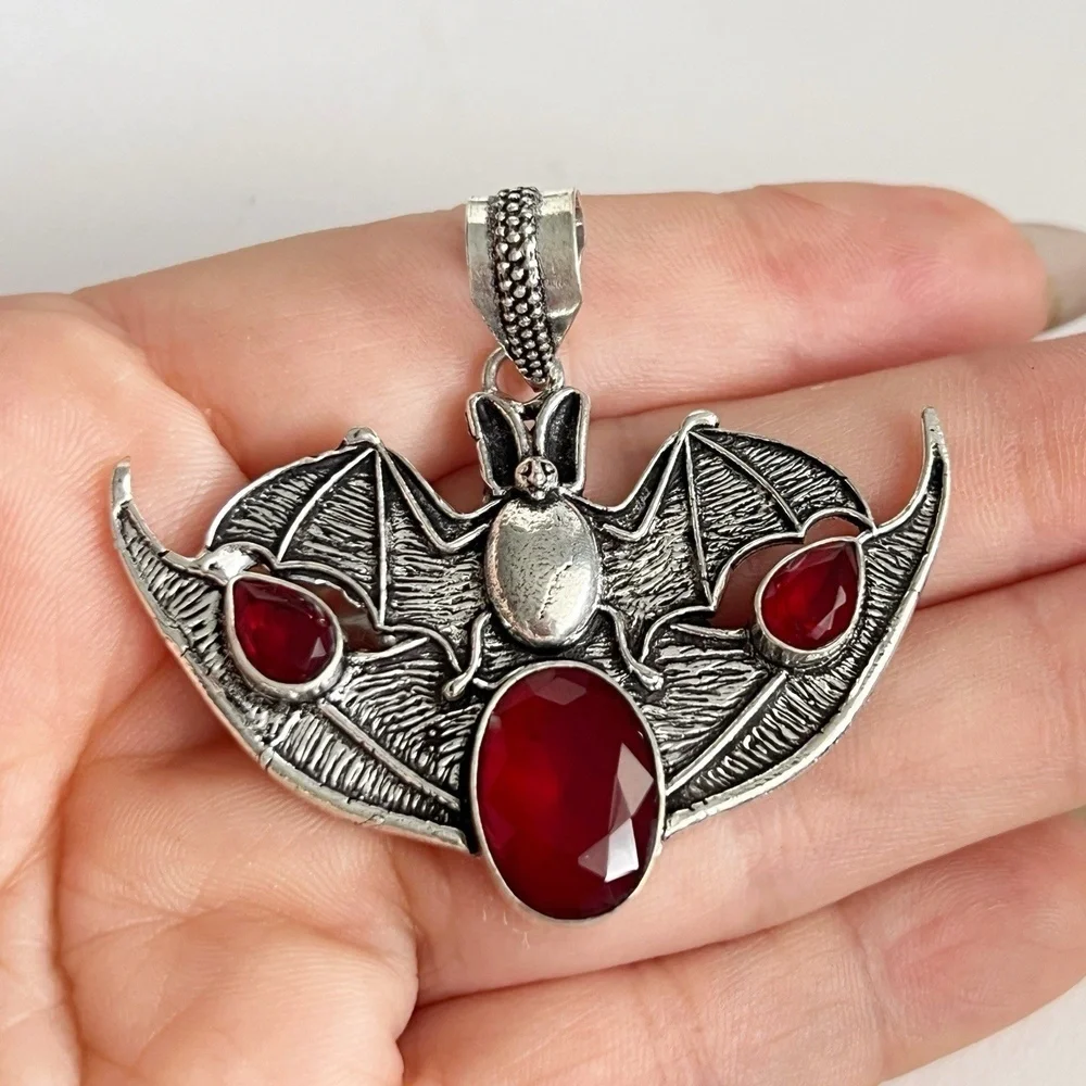 Garnet 925 Sterling Silver BAT Necklace Handmade Gemstone womens Jewelry goth